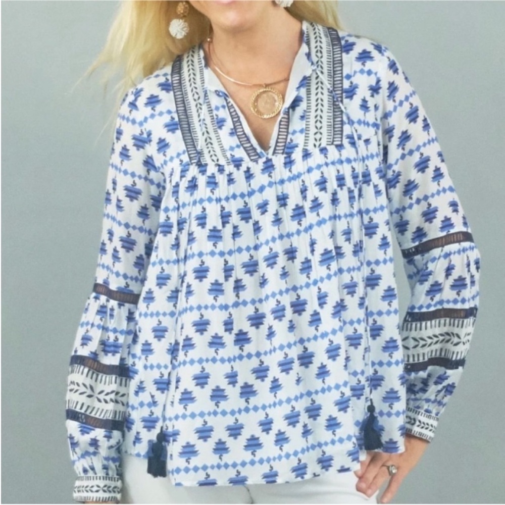 CK Bradley Oopsy Top in Charleton Blue Women’s Size XS Boho Bohemian White Fall